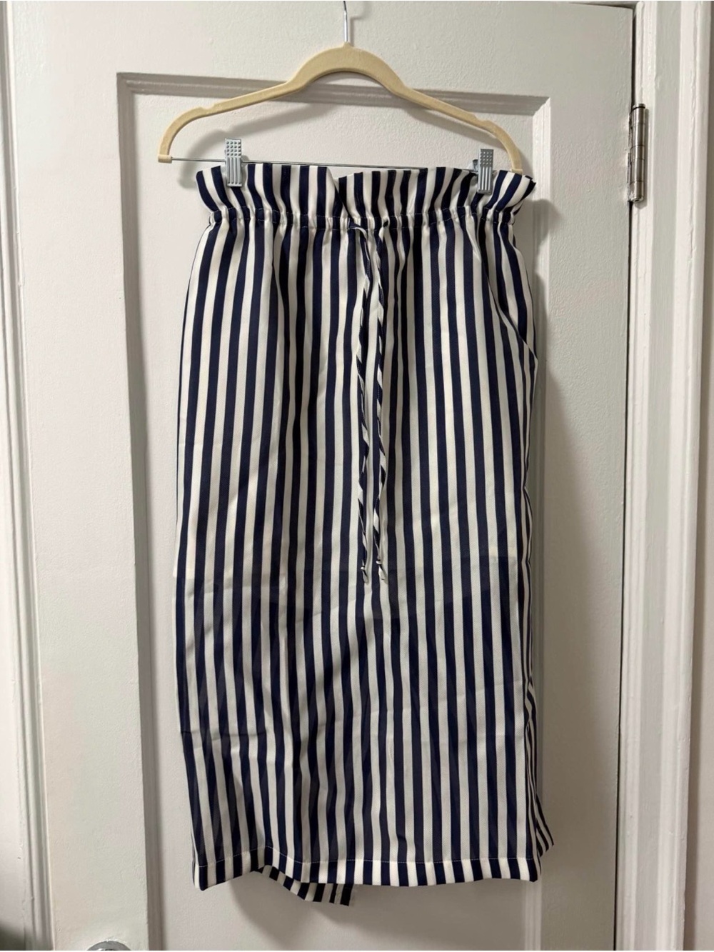J. Crew Navy and White Vertical Stripe Midi Skirt with Paperbag Waist